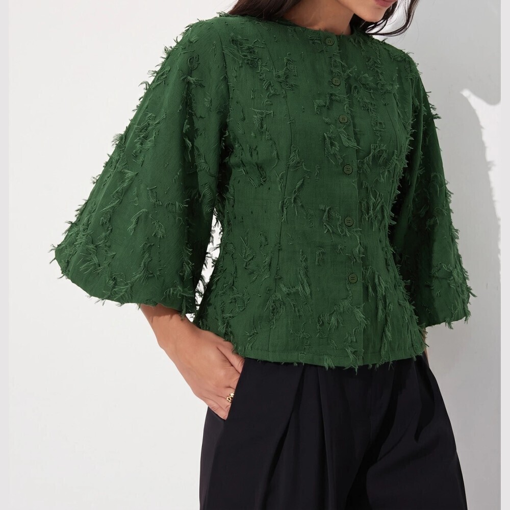Forest Green Fringe Textured Bell Sleeve Button Front Blouse